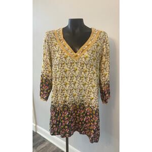 Johnny Was Silk Floral Tunic Top V-neck Lace Detail sz M Boho Festival Artsy’70s
